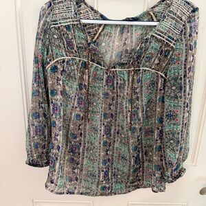 American Eagle Peasant Top S | Brown Floral Smocked Boho